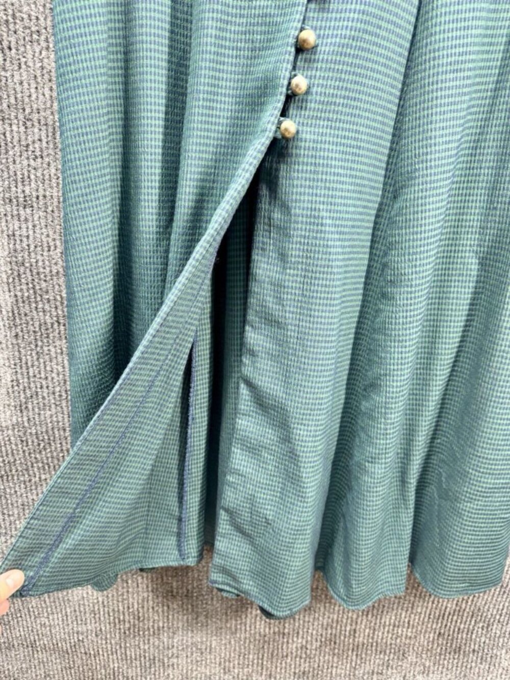 Vintage DBY Dress Womens 11 Green Blue Gingham Midi Sheath Button Front Tie Back - Picture 4 of 9